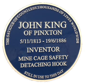 A picture of the blue plaque for John King inventor of the Mine cage safety detaching hook
